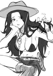 Rule 34 | 1girl, arm tattoo, armpits, bead necklace, beads, bikini, bikini top only, breasts, cleavage, female focus, freckles, genderswap, genderswap (mtf), hat, highres, jewelry, large breasts, long hair, monochrome, navel, necklace, one piece, portgas d. ace, shorts, sitting, solo, tattoo, tiradmisx
