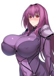 Rule 34 | 1girl, armor, blush, bodysuit, breasts, closed mouth, covered navel, fate/grand order, fate (series), hair between eyes, hair intakes, halcon, highres, huge breasts, long hair, looking at viewer, pauldrons, purple bodysuit, purple hair, red eyes, scathach (fate), shoulder armor, simple background, white background