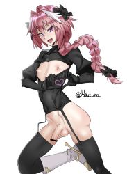Rule 34 | 1boy, androgynous, artist name, astolfo (fate), bar censor, blaccura, black thighhighs, boots, braid, censored, fang, fate/apocrypha, fate/grand order, fate (series), flaccid, foreskin, garter straps, heart, highres, lingerie, long hair, looking at viewer, male focus, nipples, open mouth, penis, pink hair, pointless censoring, purple eyes, simple background, solo, testicles, thighhighs, trap, underwear, white background