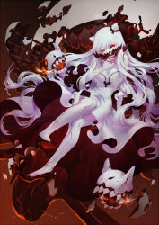Rule 34 | 10s, 1girl, abyssal ship, breasts, cleavage, covered mouth, criin (659503), dress, female focus, fingernails, full body, high heels, horns, kantai collection, large breasts, long hair, looking at viewer, midway princess, pale skin, red eyes, sharp fingernails, shoe soles, solo, veins, very long hair, white dress, white hair