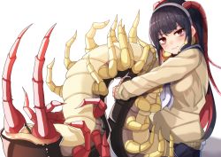 Rule 34 | 1girl, 3:, antennae, arthropod girl, arthropod limbs, bags under eyes, beige sweater, black hair, blush, breasts, centipede girl, commentary request, emukae kaede (plan), hairband, holding, holding tail, holding with tail, long hair, long sleeves, looking at viewer, medium breasts, monster girl, multicolored hair, multiple legs, neckerchief, original, plan (planhaplalan), pleated skirt, prehensile tail, red eyes, red hair, sailor collar, shadow, sitting, skirt, solo, tail, tearing up, tears, two-tone hair, white hairband, white neckerchief