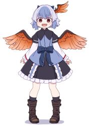 1girl :d absurdres arms_at_sides full_body happy highres kame_(kamepan44231) legs_apart looking_at_viewer multicolored_hair open_mouth pigeon-toed red_eyes shadow simple_background smile solo standing tokiko_(touhou) touhou two-tone_hair white_background wings