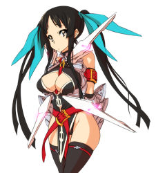 Rule 34 | 1girl, akiyama mio, black hair, black thighhighs, breasts, cleavage, cleavage cutout, clothing cutout, cosplay, fate testarossa, fate testarossa (cosplay), fate testarossa (true sonic form), k-on!, large breasts, lyrical nanoha, mahou shoujo lyrical nanoha, mahou shoujo lyrical nanoha strikers, nekomamire, simple background, solo, thighhighs, twintails, white background