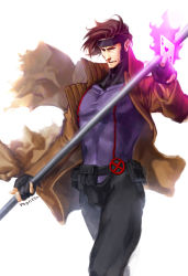 Rule 34 | brown hair, energy, gambit, gloves, heart, marvel, muscular, red eyes, remy lebeau, simple background, solo, x-men