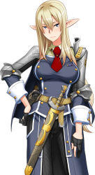 Rule 34 | 1girl, aiguillette, anastasia d faizland, armor, belt, belt skirt, black gloves, blazer, blonde hair, blush, breasts, buttons, captive market, collared shirt, cowboy shot, elf, fingerless gloves, frown, gloves, gun, hair between eyes, hand on own hip, hand on thigh, handgun, hip focus, holster, jacket, large breasts, leather, leather pants, lilith-soft, long hair, long pointy ears, long skirt, long sleeves, military, military uniform, necktie, official art, pants, pauldrons, pointy ears, ryoshuu ichiba, scabbard, sheath, sheathed, shindol, shirt, shoulder armor, showgirl skirt, simple background, skirt, sleeve cuffs, solo, standing, sword, taut clothes, uniform, very long hair, weapon