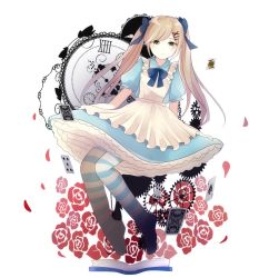 Rule 34 | 1girl, apron, axis powers hetalia, bad id, bad pixiv id, blonde hair, book, bow, card, clock, dress, flower, frilled dress, frills, gears, gender request, genderswap, green eyes, hair bow, hair ornament, hairclip, lolita fashion, long hair, momo (pixiv artist), no nose, no shoes, pantyhose, petals, petticoat, playing card, puffy short sleeves, puffy sleeves, roman numeral, rose, short sleeves, solo, striped clothes, striped pantyhose, twintails, united kingdom (hetalia)