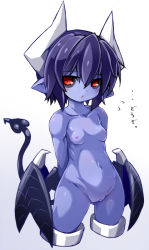 Rule 34 | 1girl, arms behind back, black sclera, blue skin, blush, breasts, cleft of venus, colored sclera, colored skin, cropped legs, demon girl, demon horns, demon tail, demon wings, female focus, flying sweatdrops, gradient background, grey background, horns, karukan (monjya), looking at viewer, low wings, navel, nervous, nipples, nude, open mouth, pointy ears, purple hair, pussy, red eyes, seizaverus, shinrabanshou, short hair, side slit, small breasts, solo, standing, tail, text focus, thighlet, translated, uncensored, white background, wings