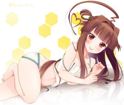 Rule 34 | 10s, 1girl, ahoge, alternate costume, bare shoulders, barefoot, blunt bangs, blush, brown hair, commentary request, heart, heart ahoge, heart hair, huge ahoge, kantai collection, ko yu, kuma (kancolle), long hair, looking at viewer, lying, navel, on side, paw pose, red eyes, sidelocks, smile, solo, swimsuit