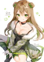 Rule 34 | 1girl, :p, asymmetrical legwear, bare shoulders, black choker, black dress, black footwear, blush, bow, breasts, brown hair, camouflage, camouflage jacket, character name, choker, cleavage, closed mouth, collarbone, commentary, double bun, dress, fur-trimmed jacket, fur trim, girls&#039; frontline, green bow, green eyes, green hair, hair between eyes, hair bow, hair bun, highres, jacket, kinako (shiratama mochi), kneehighs, long hair, long sleeves, medium breasts, mismatched legwear, multicolored hair, puffy long sleeves, puffy sleeves, revision, rfb (girls&#039; frontline), shoes, side bun, simple background, sitting, sleeveless, sleeveless dress, smile, socks, solo, striped clothes, striped socks, stuffed animal, stuffed toy, teddy bear, tongue, tongue out, twitter username, two-tone hair, vertical-striped clothes, vertical-striped socks, very long hair, white background