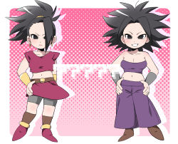 Rule 34 | &gt;:), &gt;:|, 10s, 2girls, :|, ?, arm at side, armband, arms at sides, bare shoulders, belt, big hair, bike shorts, blush, body blush, bracer, breasts, brown belt, brown footwear, brown legwear, caulifla, chibi, cleavage, closed mouth, collarbone, crop top, dragon ball, dragon ball super, earrings, empty eyes, eyebrows, eyelashes, facing viewer, floating hair, full body, grin, groin, hair intakes, hand on own hip, hands on own hips, high ponytail, highres, hoop earrings, jewelry, kale (dragon ball), ketsuwotatakuna, legs apart, lips, long hair, looking at viewer, medium breasts, miniskirt, multiple girls, navel, no pupils, pants, polka dot, polka dot background, purple pants, red shirt, red skirt, shirt, shoes, short sleeves, shorts, shorts under skirt, silhouette, simple background, single hair intake, skirt, smile, socks, spiked hair, strapless, teeth, tube top, v-shaped eyebrows, white background