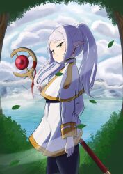 Rule 34 | 1girl, absurdres, earrings, elf, frieren, green eyes, highres, holding, holding staff, jewelry, kurohi drw, lake, looking at viewer, mage staff, pointy ears, solo, sousou no frieren, staff, twintails, white hair