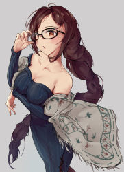 Rule 34 | 1girl, bare shoulders, black-framed eyewear, black dress, blush, breasts, brown hair, cleavage, collarbone, dress, fate/grand order, fate (series), glasses, grey background, large breasts, long hair, long sleeves, looking at viewer, open mouth, ribbed dress, shawl, simple background, solo, very long hair, xiaozuo cang, yu mei-ren (fate)