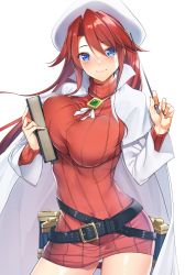 Rule 34 | 1girl, aty (summon night), belt, beret, blush, book, breasts, brooch, closed mouth, coat, dress, hair between eyes, hat, highres, holding, holding book, jewelry, large breasts, long hair, long sleeves, looking at viewer, loose belt, open clothes, open coat, pointer, red hair, red sweater, ribbed sweater, simple background, smile, solo, summon night, summon night 3, sweater, sweater dress, thighs, tomohiro kai, turtleneck, white background, white coat, white hat