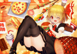 Rule 34 | 1girl, ;d, ascot, baguette, black skirt, black thighhighs, blonde hair, bread, burger, cake, cake slice, candy, chocolate, chocolate bar, chocolate cake, cookie, fang, fish (food), food, french fries, garter straps, hair ribbon, holding, holding food, ice cream, ice cream cone, knees up, lollipop, looking back, meat, nigirizushi, omelet, omurice, one eye closed, open mouth, pizza, plate, red eyes, red ribbon, ribbon, rumia, sandwich, shirt, short hair, skewer, skirt, skirt set, sleeves rolled up, smile, solo, submarine sandwich, sushi, thighhighs, tomato, touhou, wing collar, z.o.b