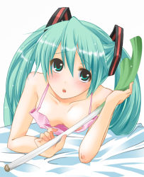 Rule 34 | 1girl, bed, blush, camisole, covered erect nipples, downblouse, flat chest, green eyes, green hair, hatsune miku, long hair, lying, matching hair/eyes, no bra, open mouth, solo, spring onion, twintails, vocaloid, yusya