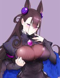 Rule 34 | 1girl, black dress, blush, breasts, brown hair, cone hair bun, double bun, dress, fate/grand order, fate (series), hair between eyes, hair bun, hair ornament, highres, large breasts, long hair, long sleeves, looking at viewer, murasaki shikibu (fate), puffy sleeves, purple background, purple eyes, remora180, simple background, solo, two side up, very long hair