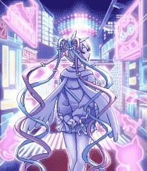 Rule 34 | 1girl, arms behind back, backlighting, billboard, blue hair, blue skirt, bow, building, cat, chouzetsusaikawa tenshi-chan, city, city lights, closed eyes, closed mouth, eencya, facing to the side, fake wings, feathered wings, feet out of frame, from behind, hair bow, hood, hoodie, long hair, long sleeves, multicolored hair, needy girl overdose, neon lights, night, official alternate costume, official art, outdoors, own hands together, pien cat (needy girl overdose), pink hair, pixel art, pleated skirt, profile, purple hoodie, quad tails, second-party source, skirt, smile, solo, standing, very long hair, white wings, wings