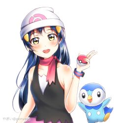 Rule 34 | 1girl, :d, artist name, blue hair, blush, bracelet, cosplay, creatures (company), crossover, dawn (pokemon) (cosplay), game freak, gen 4 pokemon, hair ornament, jewelry, long hair, looking at viewer, love live!, love live! school idol project, nintendo, open mouth, piplup, poke ball, pokemon, pokemon dppt, ponyagii, simple background, smile, solo, sonoda umi, standing, white background, yellow eyes