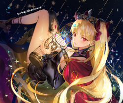 Rule 34 | 1girl, anklet, black dress, blonde hair, bow, cape, dress, earrings, ereshkigal (fate), fate/grand order, fate (series), hair bow, hair ribbon, holding, holding lantern, jewelry, lantern, long hair, long sleeves, puffy sleeves, red bow, red eyes, ribbon, solo, tiara, two side up, weed (astarone)