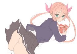 Rule 34 | 1girl, absurdres, ass, black skirt, blue jacket, blush, bow, box, copyright request, e sky rugo, from behind, green eyes, hair between eyes, hair bow, heart-shaped box, highres, holding, holding box, jacket, long sleeves, looking at viewer, miniskirt, orange hair, pink bow, pleated skirt, shirt, simple background, skirt, solo, standing, sweat, thighhighs, twintails, white background, white shirt, white thighhighs