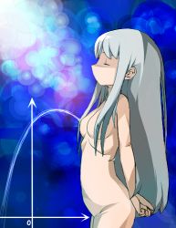 Rule 34 | 1girl, arms behind back, arrow (symbol), breasts, cartesian coordinate system, cowboy shot, closed eyes, from side, kyuu (pinpo), lactation, long hair, lowres, math, medium breasts, nude, silver hair, solo