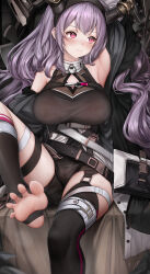 Rule 34 | 1girl, absurdres, arknights, armpits, barefoot, black jacket, black thighhighs, blush, breasts, fake horns, highres, horns, jacket, large breasts, looking to the side, nopetroto, purple eyes, purple hair, see-through, sitting, solo, thighhighs, typhon (arknights)