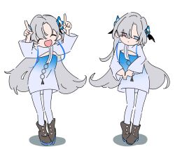 Rule 34 | 2girls, atenaba, blue dress, blue eyes, boots, cleavage cutout, clone, closed eyes, closed mouth, clothing cutout, dress, full body, gradient dress, grey footwear, grey hair, hair ornament, heterochromia, highres, index fingers raised, internet yamero, isekai joucho, kamitsubaki studio, long hair, long sleeves, looking at viewer, multiple girls, needy girl overdose, open mouth, pantyhose, parody, pink eyes, shadow, simple background, smile, white background, white dress, white pantyhose