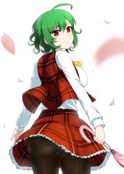 Rule 34 | 1girl, ahoge, arms at sides, ascot, ass, blurry, breasts, commentary request, depth of field, from behind, green hair, highres, holding, holding umbrella, kazami yuuka, large breasts, lipstick, long sleeves, looking at viewer, looking back, makeup, mattari yufi, miniskirt, panties, panties under pantyhose, pantyhose, pantyshot, petals, pink umbrella, plaid, plaid skirt, plaid vest, red eyes, shadow, shirt, short hair, skirt, solo, standing, touhou, umbrella, underwear, vest, white background, white shirt, wind, wind lift