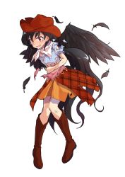 Rule 34 | 1girl, alphes (style), black hair, black wings, boots, brown footwear, brown hat, cowboy hat, dairi, feathered wings, feathers, full body, hand on own stomach, hat, highres, horse tail, kurokoma saki, long hair, looking at viewer, navel, neckerchief, open mouth, orange skirt, parody, ponytail, puffy short sleeves, puffy sleeves, red eyes, shirt, short sleeves, skirt, solo, style parody, tachi-e, tail, tears, torn clothes, torn shirt, torn skirt, touhou, transparent background, very long hair, white neckerchief, wings