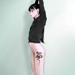 Rule 34 | 1girl, absurdres, arms up, ass, bad id, bad pixiv id, black eyes, black hair, bottomless, earrings, female pubic hair, flat chest, from side, highres, hiramedousa, jewelry, leg tattoo, long hair, navel, original, ponytail, pubic hair, snake tattoo, solo, tattoo