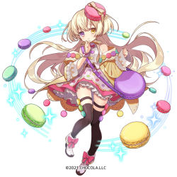 Rule 34 | 1girl, bare shoulders, black thighhighs, blonde hair, blush, boots, brown eyes, brown jacket, closed mouth, commentary request, copyright notice, copyright request, food, frilled skirt, frills, heterochromia, jacket, long hair, long sleeves, looking at viewer, macaron, miyoshino, off shoulder, official art, open clothes, open jacket, pinching sleeves, pink skirt, polka dot, polka dot skirt, purple eyes, shirt, simple background, skirt, sleeveless, sleeveless shirt, sleeves past wrists, solo, sparkle, thighhighs, thighhighs under boots, very long hair, white background, white footwear, white shirt, wrist cuffs