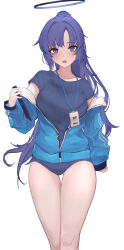 Rule 34 | 1girl, absurdres, asaikeu, blue archive, blue buruma, blue shirt, blush, breasts, buruma, commentary, feet out of frame, halo, highres, jacket, jacket partially removed, lanyard, long hair, looking at viewer, medium breasts, official alternate costume, purple eyes, purple hair, shirt, simple background, solo, thigh gap, track jacket, very long hair, white background, yuuka (blue archive), yuuka (track) (blue archive)
