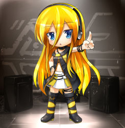 Rule 34 | 1girl, amplifier, blonde hair, blue eyes, boots, female focus, full body, gradient background, hand on own hip, headphones, hip focus, lily (vocaloid), long hair, magu (mugsfc), navel, open mouth, skirt, solo, thigh boots, thighhighs, very long hair, vocaloid