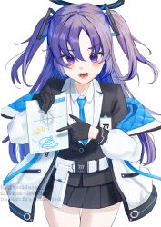 Rule 34 | 1girl, absurdres, belt, black gloves, black jacket, black skirt, blue archive, blue hair, blue necktie, blush, collared shirt, commentary request, cowboy shot, gloves, halo, highres, holding, holding paper, jacket, long hair, long sleeves, looking at viewer, necktie, open mouth, paper, pleated skirt, pointing, purple eyes, shiosai 73, shirt, simple background, skirt, solo, standing, teeth, two-sided fabric, two-sided jacket, two side up, white background, white belt, white jacket, white shirt, yuuka (blue archive)