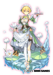 Rule 34 | 1girl, apron, apron lift, asymmetrical legwear, blonde hair, breasts, cleavage, cleavage cutout, clothes lift, clothing cutout, copyright name, cup, dagger, dmm, flower, flower knight girl, full body, garter straps, gem, green gemstone, hair between eyes, highres, holding, knife, lily pad, looking at viewer, maid, maid headdress, medium breasts, name connection, object namesake, official art, short hair, smile, solo, standing, suiren (flower knight girl), tagme, tea set, teacup, teapot, uneven legwear, weapon, white background, yellow eyes