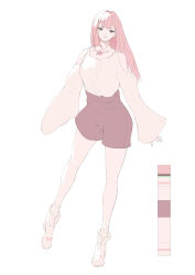Rule 34 | 1girl, absurdres, closed mouth, clothing cutout, facing viewer, full body, green eyes, high-waist shorts, highres, jewelry, legs, limited palette, long hair, long sleeves, looking at viewer, mazaki oekaki, necklace, original, pale color, pastel colors, pink hair, shorts, shoulder cutout, sketch, smile, solo, standing, white background, white footwear, wide sleeves