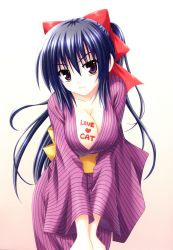 Rule 34 | 1girl, absurdres, blue hair, bow, breasts, cleavage, covered erect nipples, hair bow, highres, japanese clothes, kimono, large breasts, leaning forward, long hair, matra milan, noihara himari, official art, omamori himari, ponytail, purple eyes, smile, solo, very long hair