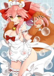 Rule 34 | 1girl, animal ear fluff, animal ears, animal hands, apron, bell, blush, blush stickers, breasts, cat hair ornament, cat paws, cleavage, collar, fangs, fate/grand order, fate (series), fox ears, fox tail, gloves, hair ornament, hair ribbon, highres, jingle bell, large breasts, long hair, looking at viewer, maid headdress, naked apron, neck bell, open mouth, paw gloves, pink hair, ponytail, red ribbon, riamugi29, ribbon, sideboob, single thighhigh, solo, tail, tamamo (fate), tamamo cat (fate), tamamo cat (third ascension) (fate), thighhighs, yellow eyes