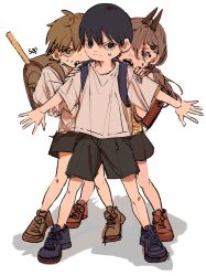 Rule 34 | 1girl, 2boys, aged down, backpack, bag, black hair, blonde hair, bowl cut, brown hair, chainsaw man, denji (chainsaw man), hand on another&#039;s shoulder, hayakawa aki, hiding, hiding behind another, highres, horns, long hair, looking at viewer, multiple boys, open mouth, power (chainsaw man), protecting, ruler, scared, shirt, short hair, shorts, simple background, sweat, tasuketemama, white background, white shirt