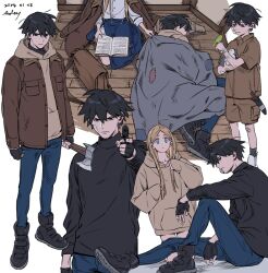 2boys ainsley_(adey) black_gloves black_hair book fingerless_gloves gloves gun hood hood_down hoodie multiple_boys multiple_views original pants ray_(adey) sitting sleeping sleeves_past_wrists ten_(lu2948d) wariza weapon