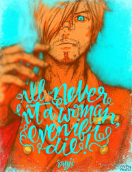 Rule 34 | 1boy, artist name, bandaid, bandaid on face, bandaid on nose, blood, blue theme, character name, cigarette, english text, facial hair, formal, hair over one eye, holding, holding cigarette, limited palette, looking at viewer, male focus, monochrome, necktie, one piece, orange theme, sanji (one piece), scratches, serious, smoking, solo, suit, sven from oz, watermark
