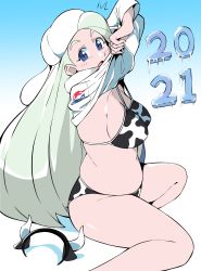 Rule 34 | 1girl, 2021, absurdres, animal print, bikini, black hairband, blue eyes, blush, breasts, clothes lift, commentary, cow print, creatures (company), english commentary, fake horns, fur hat, game freak, green hair, gym leader, hairband, hat, highres, horns, icicle, lifting own clothes, long hair, looking at viewer, looking to the side, mature female, melony (pokemon), nintendo, open mouth, pokemon, pokemon swsh, scarf, shiny skin, shirt, shirt lift, sitting, solo, swimsuit, tongue, unworn hairband, white headwear, white scarf, white shirt, woogleboy