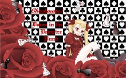 Rule 34 | blonde hair, blush, boots, choker, dance in the vampire bund, dress, elbow gloves, fang, gloves, highres, mina tepes, open mouth, red eyes, ribbon, twintails, wallpaper