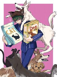 Rule 34 | &gt; &lt;, 1boy, animal ears, animal hat, black cat, blue jacket, blue pants, box, brown hat, cat, closed mouth, commentary request, dog, fake animal ears, frown, glasses, green hair, hat, highres, holding, holding box, jacket, kaikaikiki4383, long sleeves, male focus, master detective archives: rain code, one eye closed, pants, pet food, red eyes, round eyewear, short hair, solo, standing, too many, zilch alexander
