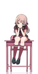 Rule 34 | 1girl, alternate hairstyle, bang dream!, black footwear, black gloves, black neckerchief, buttons, chair, desk, double-breasted, elbows on knees, frown, gloves, green eyes, half updo, head rest, kneehighs, long hair, looking at viewer, lost one no goukoku (vocaloid), miniskirt, neckerchief, on desk, pink hair, red shirt, red socks, school chair, school desk, school uniform, serafuku, shipii (jigglypuff), shirt, shoes, short sleeves, simple background, sitting, on desk, skirt, socks, solo, uehara himari, vocaloid, white background
