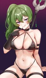 Rule 34 | 1girl, :q, alternate costume, arm support, artist name, bare shoulders, bikini, black bikini, black gloves, breasts, collarbone, commentary, finger to own chin, foxyreine, gloves, green hair, hair between eyes, highres, index finger raised, large breasts, looking at viewer, navel, o-ring, o-ring top, purple background, purple eyes, side ponytail, simple background, single glove, sitting, solo, sousou no frieren, stomach, swimsuit, thigh strap, thighs, tongue, tongue out, ubel (sousou no frieren), weapon, weapon on back