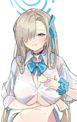 Rule 34 | arm under breasts, asuna (blue archive), black choker, blue archive, blue bow, blue bowtie, blue eyes, blue ribbon, blue scrunchie, bow, bowtie, breasts, choker, hair over one eye, hair ribbon, halo, hei (tonarinohey), highres, large breasts, light brown hair, long hair, looking at viewer, mole, mole on breast, navel, ribbon, scrunchie, shirt, simple background, swept bangs, white background, white shirt, wrist scrunchie