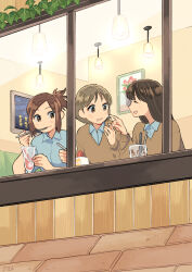 Rule 34 | 3girls, ^ ^, absurdres, blue shirt, blush, brown cardigan, brown eyes, brown hair, cake, cardigan, closed eyes, closed mouth, collared shirt, commentary request, eating, finger to cheek, food, food on face, from outside, hand up, highres, holding, holding spoon, indoors, kojiro337, laughing, light brown hair, long hair, looking at another, multiple girls, open mouth, original, painting (object), parfait, ponytail, school uniform, shirt, short hair, sitting, smile, spoon, strawberry shortcake, teeth, upper body, window