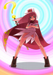 Rule 34 | 1girl, benesse, boots, cape, gloves, hat, hatena yousei, legs, long hair, no panties, pink hair, smile, solo, staff, ukokkei