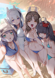 Rule 34 | 4girls, :p, animal ears, bare arms, bare legs, bare shoulders, beach, bikini, black hair, blue archive, blue bikini, blue eyes, blush, breasts, candy, cleavage, collarbone, cooler, crab hair ornament, eyewear on head, female focus, food, glasses, hair ornament, halo, hat, headphones, helmet, large breasts, leaning forward, long hair, looking at viewer, miyako (blue archive), miyu (blue archive), moe (blue archive), multiple girls, navel, ohland, open mouth, outdoors, purple eyes, red eyes, saki (blue archive), sand, sandals, short hair, small breasts, smile, standing, sunglasses, swimsuit, tongue, tongue out, v